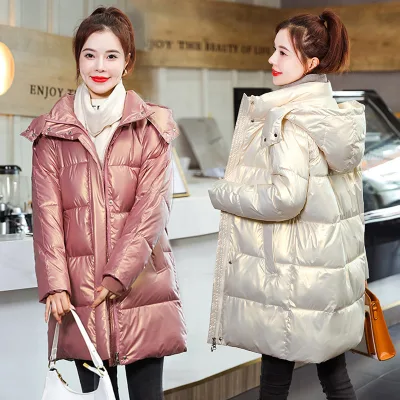 Glossy Winter Padded Down Jacket Women Parkas Winter Padded Korean Loose Mid-length Coat