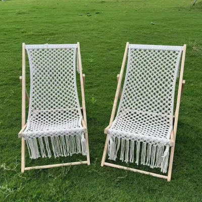 Modern Design Outdoor Camping Folding Chair Hand Knitted Cotton Rope Solid Wood Tassel Recliner Portable Comfortable Beach Park