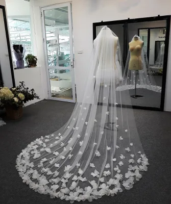 KDG Manufacturer Custom Gorgeous 3D Floral Lace Veil Pearl Appliques Bridal High Quality Wedding With Pearl Butterfly Veil