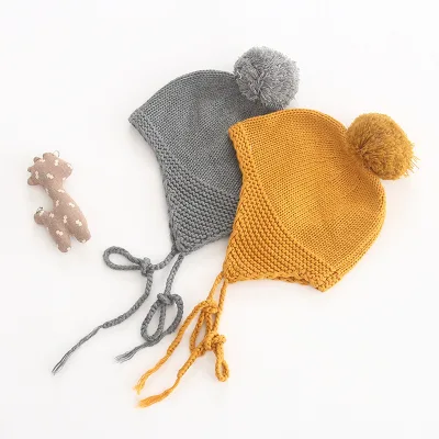 Baby Cotton Soft Knitted Cute Hat Outdoor Beanie Hat With Pompom