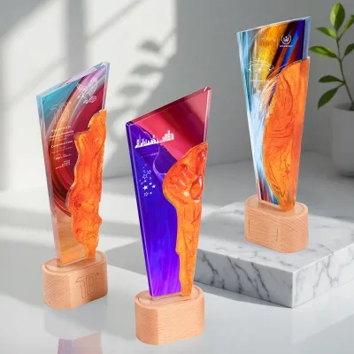 Custom Engraving Crystal Solid Wood Base Trophy for Enterprise Annual Meeting Award Souvenirs