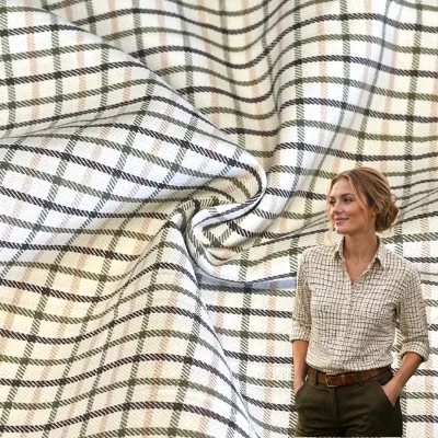 Eco-friendly 100% Cotton Cream Olive Brown Woven Shirting Fabric for Casual Shirts Blouses