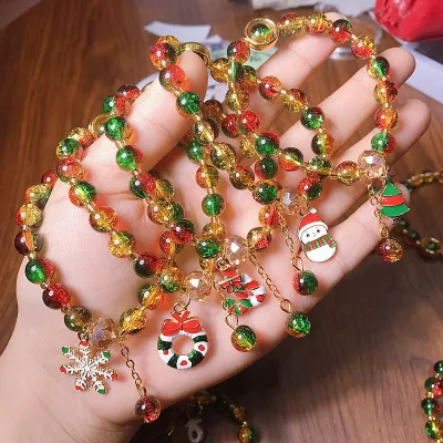 Wholesale New Year Christmas Glitter Bead Charm Bracelet Santa Claus Tassel Crackle Crystal Xmas Tree Holiday Women Gift Jewelry
