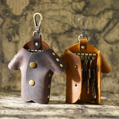AIGUONIU Genuine Crazy Horse Leather Keychain Smart Key Remote Key Bag Retro Distressed Mini Bag Portable Car Keychain