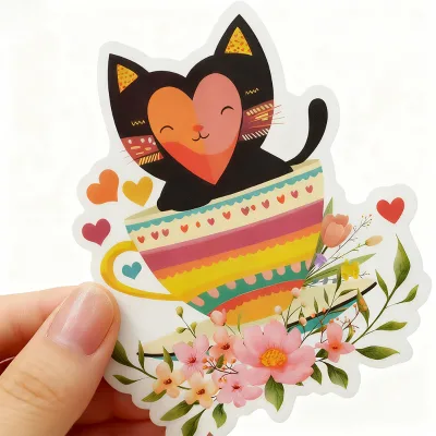 Custom Die Cut Eco-Friendly Cartoon Cat Stickers Waterproof UV Resistant Gloss Laminated Labels for Laptop Water Bottles OEM