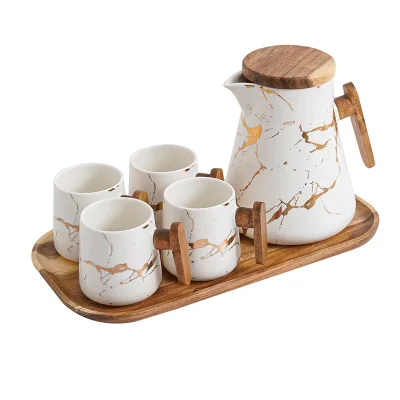 High Quality Ceramic Tea Set with Wooden Handle and Tray Inspired by Marble Design for Coffee & Tea Lovers