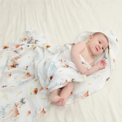 Low MOQ Custom Pattern Price Baby Muslin Swaddle Blanket 100% Cotton Leaf Pattern Muslin Swaddle Blankets for Newborn Boys Girls