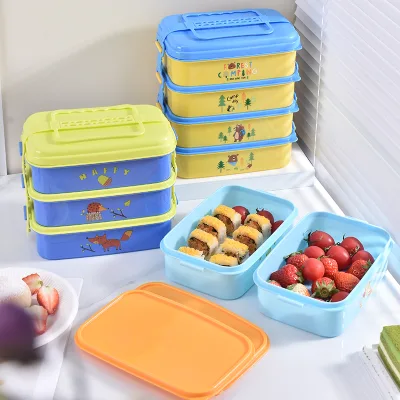 China Factory 2 3 4 Layer Rectangle Plastic Lunch Box Cartoon Food Storage Box Stackable Food Container with Lock