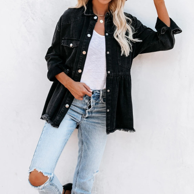 Oversize Women Causal Street Wear Long Sleeve Raw Edge Distressing Ripped Snap Buttons Lady Outfits Tops Jackets Shackets