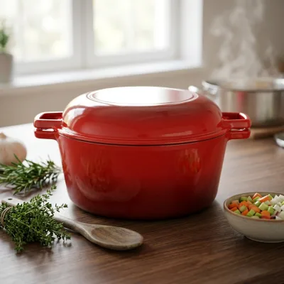 Extremely Practical Red Cast Iron 2-In-1 Cooking Utensil Suitable for Stewing Frying