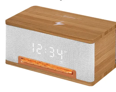 Multi Function Wireless Charger with Speaker Digital Clock and Alarm Function Wooden Style Desktop Charging Station
