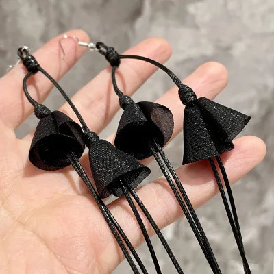 Black Fabric Tassel Drop Earrings Acrylic Resin Lucite Bezel Setting for Women Bohemia Style Daily Wear 2026 New Arrival