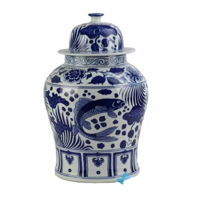 RYNQ196-C Dark Blue Color Antique Style Carp and Lotus Leaf Pattern Ceramic Ginger Jar