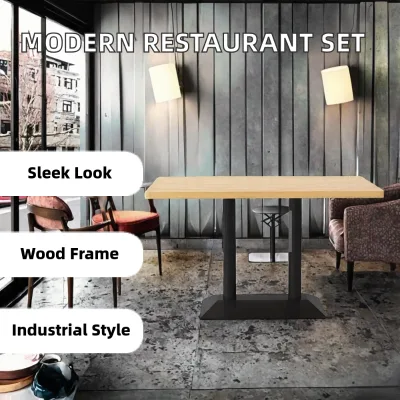 Modern Simple Wooden Top Dining Table | Metal Base | Custom, Factory Price, Wholesale | for Restaurant & Cafe