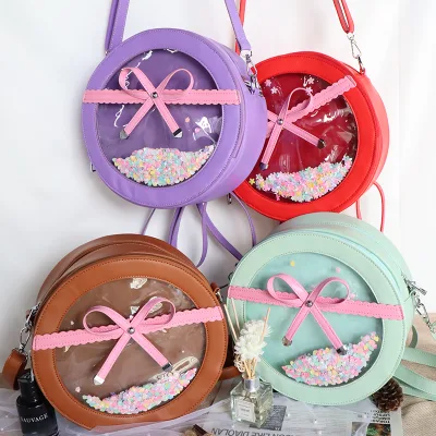 Custom Design Round Ita Bag Cute Clear Window Shoulder Bag Bow Tie Display Pin Bag