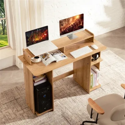 43.3 Inch Wide Wooden Grain Monitor Riser Cable Hole Waterproof Anti Scratch for Home Office Bedroom Use Gaming Computer Desk