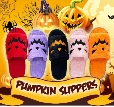 Autumn Pink Orange Halloween Pumpkin Lantern Slippers Soft Furry Comfort Closed Toe Slides Outdoor Fuzzy House Slippers