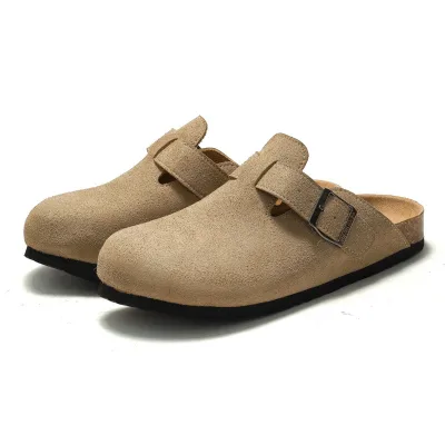 Men's No Holes Leather Outdoor Slippers Anti-Slip Comfort Closed Toe Cork Midsole