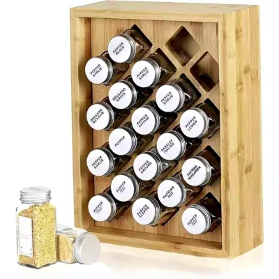 Kitchen Modern Simplicity Solid Wood Bamboo Movable Non-folding Rectangular Spice Box Countertop Storage Rack Multi-grid