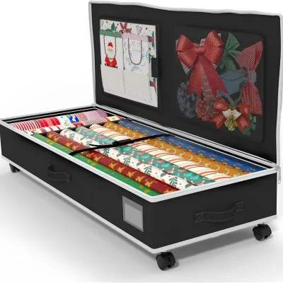 Holiday Storage Solution - Large Christmas Gift Wrap Organizer Box with Lid Handles for Underbed Use