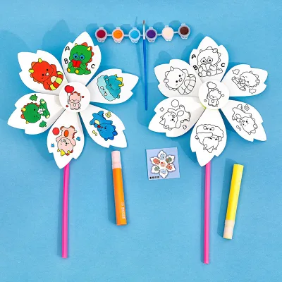 Children's Creative Painting Windmill Graffiti. Cartoon Educational Small Gift. Kindergarten Handicraft DIY. Cute Paper Windmill