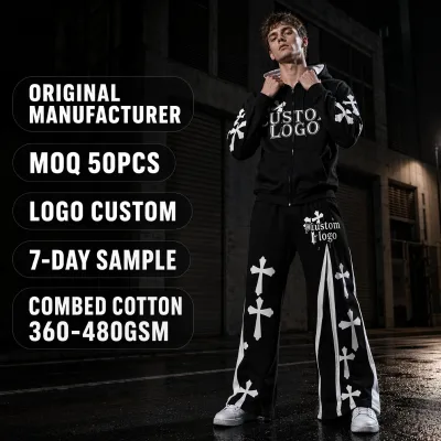 Custom Black Contrast Cotton Fleece 400GSM Graphic Cross Zip Ribbed Flared Oversized Streetwear Mens Tracksuit Set
