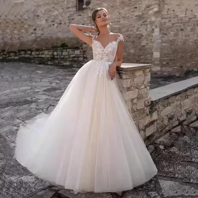 Custom Size Wedding Dress Bridal Gown Deep V-neck Short Sleeve Small Trailing Lace Appliqued French High End Elegant Long Dress