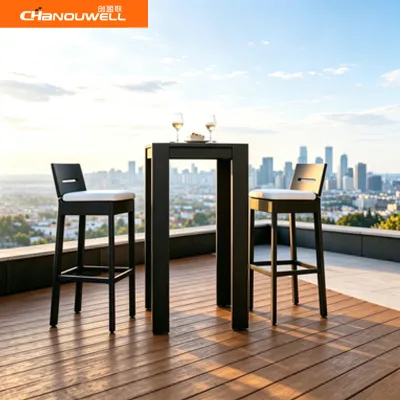 Outdoor Aluminum Bar Set Weatherproof Patio 1 Table 2 Stools Modern Black High Bar Table Stool Set for Balcony Poolside Backyard