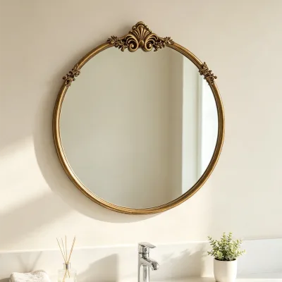Antique Gold Round Wall Mounted Bathroom Vanity Mirror Ornate Carved Iron Frame with Floral Details Vintage