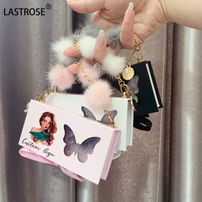 OEM Pink Butterfly Eyelash Packaging Box with Chains  Lashbox Wholesale Fiber False Eyelash Packaging