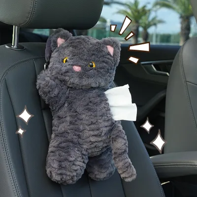 Creative Plush Cartoon Black Cat Car Tissue Box with Hanging Installation for Car Back Seat Napkin Holder Bag High Quality