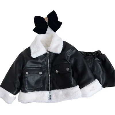 2024 Boutique Girl Leather Suit PU Coats+Skirts Autumn Winter Sweet Girls Warm   Puffer Coat Fur Skirt Set for Kids