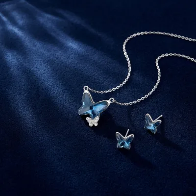 Sapphire Blue Crystal Geometric Jewellery Set 925 Silver Rhodium Plated Necklace Earrings Trendy Birthday Anniversary Present