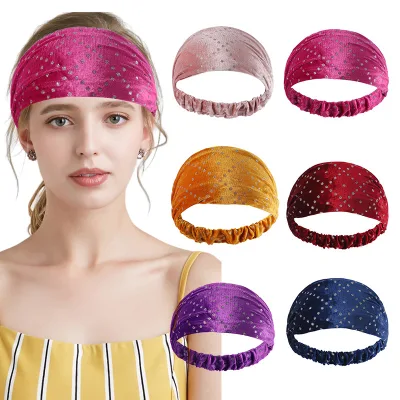 Fashion Solid Sequin Wide Headband Elastic Non Slip Stretch Hair Band Women Sports Yoga Sweatband Versatile Hair Accessories