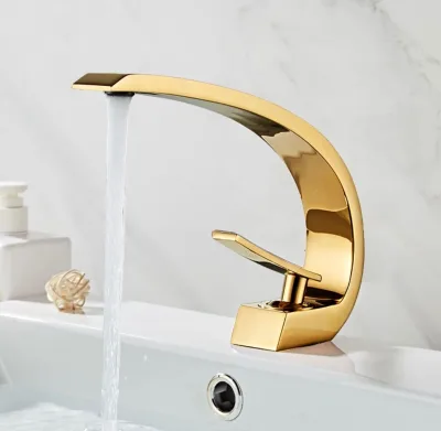 Gold Polished Brass Single Handle Deck Mounted Bathroom Basin Faucet with Ceramic Cartridge Modern Design for Home Apartment Use