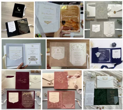 Custom Logo & Color Acrylic or Paper Luxury Elegant Hardcover Folio Envelope Pocket Velvet Wedding Invitation Cards with Tassel