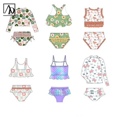 AD Latest Designer Ruffled Long Sleeve Tankini Girls Swimwear Zip up Animal Pattern Breathable UV Protection Kids 2024
