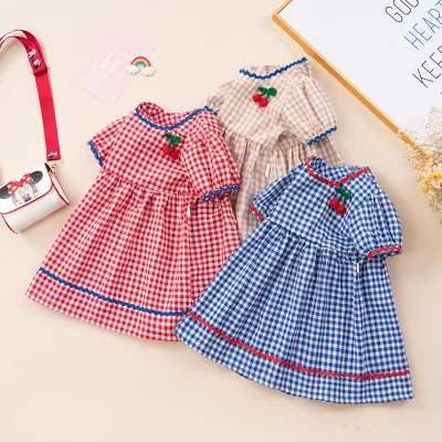 New Summer Girls Baby Dress Gingham Sweet Cherry Racer Skirt Puff Sleeve Children's Summer Dress