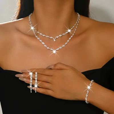 Wholesale Zircon Geometric Tassel Earrings Jewelry Set Sparkly Rhinestone Double-Layer Stackable Necklace & Bracelet for Women