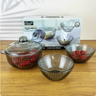 Hot Selling Translucent Grey Glass Bowl Set With Lid Household Noodle Bowl Fruit Salad Bowl Promotional Event Gift Three-piece