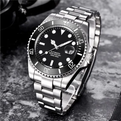 Men's Automatic Mechanical Watch 100M Water Resistant Luminous Diver Watch Stainless Steel Bracelet Rotating Bezel Black Dial