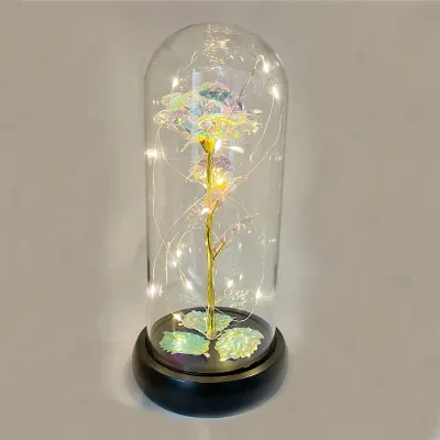 Wholesale Led Lighted Preserved Flower Dome Rose in Terrarium Glass Jar Dome Led Light Tall Tabletop with Wood Base