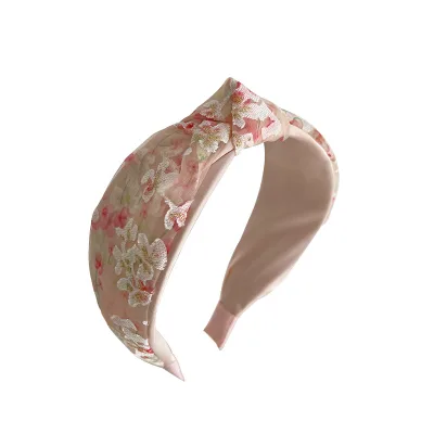 Korean mesh flower printed hair hoop cross knotted simple wide edge headband fashion girls hair accessories