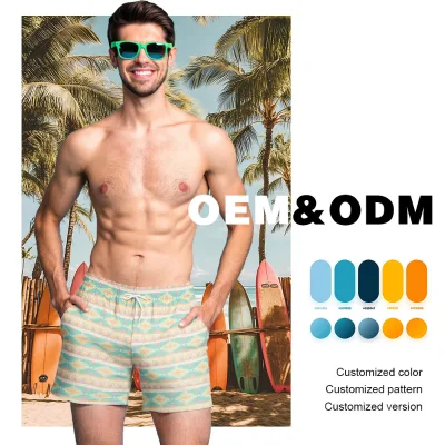 Customized Geometrical Print Men's Swim Trunk Side Pockets Summer Water Beach Swimming Short Spandex Polyester for Surfing