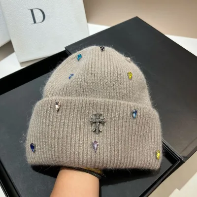 Lady Distressed Knit Winter Earflap Hat with 3D Embroidery Rhinestone Beaded Rabbit Hair Blended Beanie for Women Travel