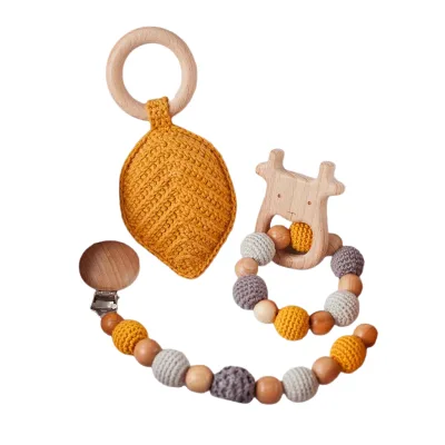 Food Grade BPA Free Organic Wooden Teether Toys Crochet Wooden Rattle Toy and Bracelet Rings Set for Newborn Babies