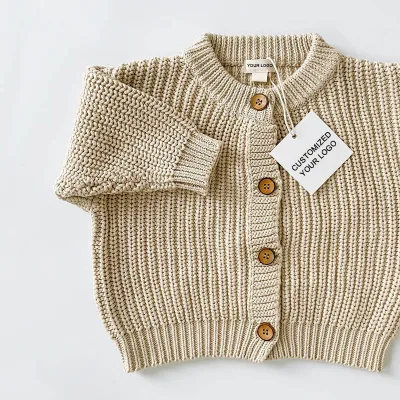 Custom Logo Chunky Knit Oversized Baby Sweaters 100%cotton Thick Knitted Baby Boys Girls Cardigans Winter