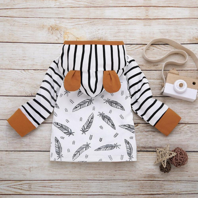 Spring Stripe 2pcs Print Feather Hoody Baby Boys Clothes Set Newborn