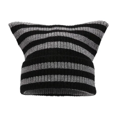 Black and White Striped Cat Ears Warm Knitted Pullover Hat Fashion All-match Cold Hat