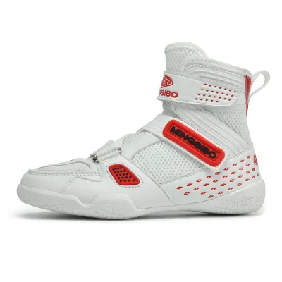 Children's Professional Sanshou Fighting Muay Thai Training Shoes Breathable Non-Slip Lace-Up PU Material for Youth Boxing